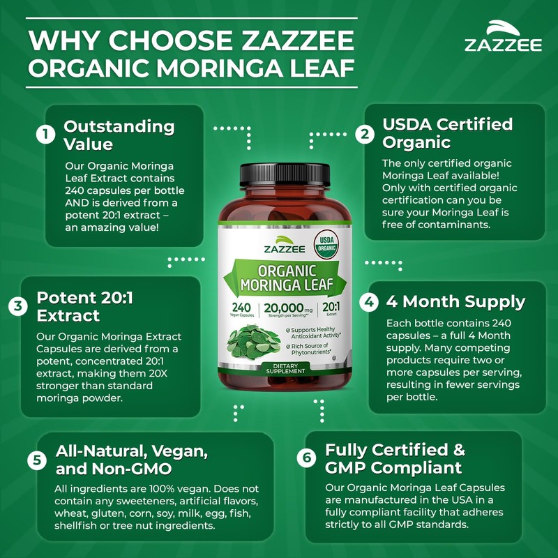 Zazzee USDA Organic Moringa Leaf 20:1 Extract, 240 Vegan Capsules