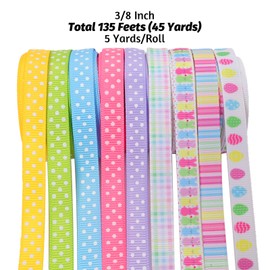 9 Rolls Easter Ribbon Stripe Bunny Rainbow Polka Dot Grosgrain Colorful Plaid Ribbon for Spring Easter Present Wrapping Party Decorations 3/8 Inch Total 135 Feets (45 Yards)