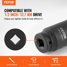 VEVOR Axle Nut Impact Socket Set - 1/2" Drive Deep 6+12-Point 14-Piece Metric Spindle Nut Socket CR-V Heat Treated Large Socket Set with Storage Case for Auto Repair, Removing or Installing Axle Nuts