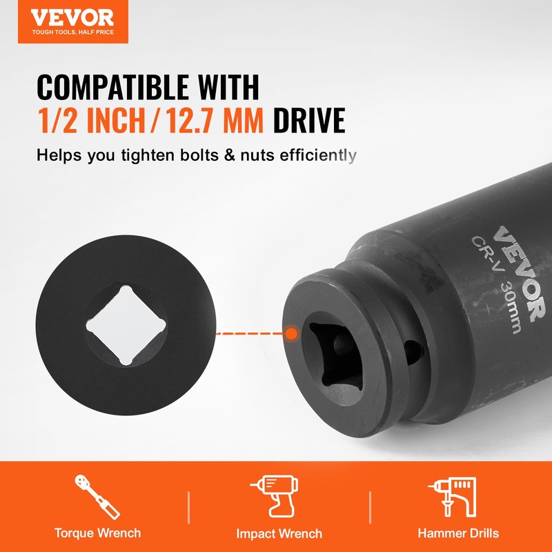 VEVOR Axle Nut Impact Socket Set - 1/2" Drive Deep