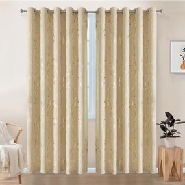 BUHUA Blackout Curtains Gold Foil Print Flower Vine Grommet Drapes, Room Darkening Thermal Insulated Curtains, Noise Reducing Curtain for Bedroom, Beige, 66Wx63L, 2 Panels