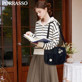 PORRASSO Casual Shoulder Bag Women's Canvas Shoulder Bag Girls Messenger Bag for Work School Travel Daily Use Black