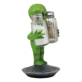 Ebros UFO Outer Space Colony Extra Terrestrial Roswell Alien On Flying Saucer Spaceship Salt And Pepper Shakers Holder Statue 7"Tall For Kitchen Decor Event Hosting Chef Hobbyist (Green)