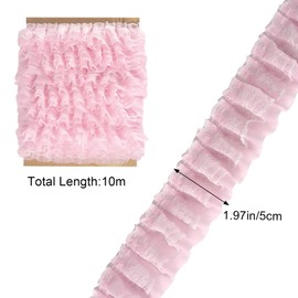Qililandiy 10.9 Yards Pink Chiffon Lace Trim 2-Layer Gathered Ruffle Trim Chiifon Ribbon Fabric for Dress Wedding Party Decorations, 5cm Width