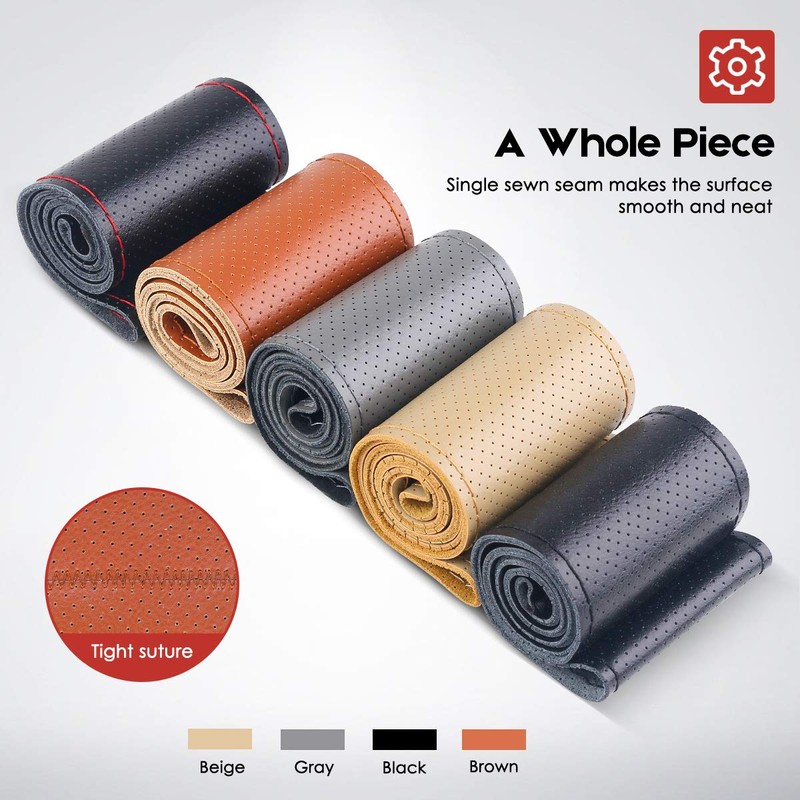 BELINOUS Universal Leather Car Steering Wheel Cover, Stitch On Wrap