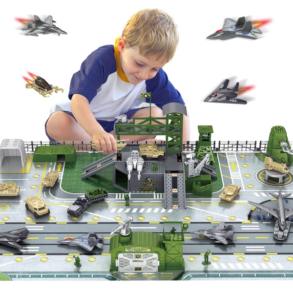 WASAiKA Military Base Toy Sets, Army Toys Playset with Army Men Action Figures, Airplane Toy, Army Tank, Helicopter, Vehicles Accessories and Army Base Play Map, Birthday GiftToys for Boys