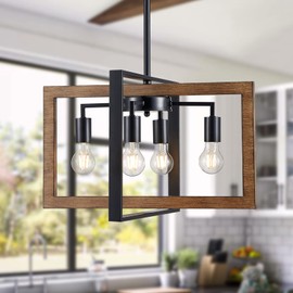 XINGQI Modern Chandelier 4-Light Farmhouse Kitchen Island Light Fixtures Black Cross Chandeliers for Dining Room Living Room, Metal Hanging Pendant Lighting with Wood Grain Finish