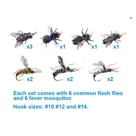 Realistic Fly Fishing Flies Set Dry Mosquito Bottle Flies Steelhead Rainbow Trout Handmade Fishing Lure kit Flyfishing (Realistic Mosquito & Bottle Fly Set of 12 Flies)