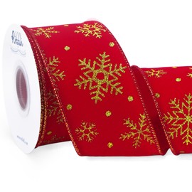 Ribbli Red Velvet Wired Ribbon with Glitter Snowflake 2-1/2 Inch x Continuous 10 Yard Christmas Ribbon for Big Bow,Gift Wrapping,Wreath,Tree Decoration