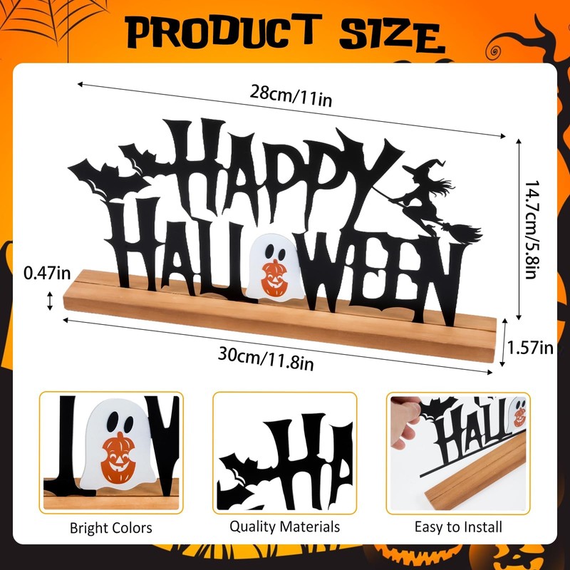 Metal Happy Halloween Sign Halloween Table Decor with Wooden Base