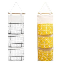 Wall Hanging Bag, Linen Fabric Hanging Organizer, Waterproof Hanging Storage Bag with 3 Pockets, Hanging Wall Organizer for Living Room, Bedroom, and Bathroom (2 pcs)