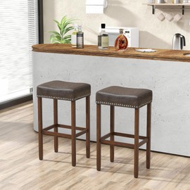 Giantex Bar Stools Set of 2, 29.5" Saddle-Shaped Kitchen Stools, PU Leather Bar Height Saddle Stools w/Footrests, Rubberwood Frame Upholstered Barstools for Kitchen Island, Dining Room, Home Bar