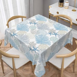 TTQYFNM 70x70inches Nautical Coastal Theme Tablecloth Starfish Coral Seashell Print Decorative Square Table Cloth Stain Resistant Durable Table Cover for Dining Room Kitchen Indoor Outdoor Use