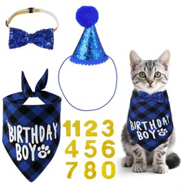 Cat Birthday Party Supplies, Cat Birthday Hat with Number, Bandana, Bow Tie, Cats Apparel Outfits for Birthdays Decorations (Blue）