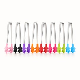 8-Pack Mini Kitchen Tongs for Snacks & Food Serving – Stainless Steel Tongs with Hand-Shaped Silicone Tips