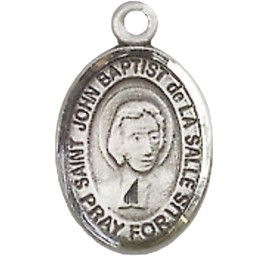 Small Sized Women's .925 Sterling Silver Saint John Baptist de la Salle Medal Pendant on 18" Rhodium Plated Lite Curb Brass Chain w/ Lobster Claw Clasp, Catholic Religious Necklace -Made in USA- Velvet Gift Box