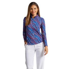 IBKUL Athleisure Wear Sun Protective UPF 50+ Icefil Cooling Tech Patriotic Confetti Print Long Sleeve Mock Neck Top – 10091 Navy Patriotic Confetti L