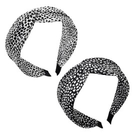 Yonchic 2-Piece Leopard Printed Knotted Wide Headbands for Women & Girls, Fashion Bow Top Knot Satin Headband, Cute Animal Print Hair Accessories (Black & White)