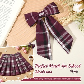 DEEKA 5 Styles Uniform Plaid Long Tail Hair Bows Knotted Headband Scrunchies Bow Set Alligator Clips Back to School Accessories for Toddler Little School Girls (Burgundy 5 Styles)