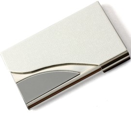 ToBeIT Metal Business Card Case PU Leather and Stainless Steel Business Card Holder for Men and Women, White