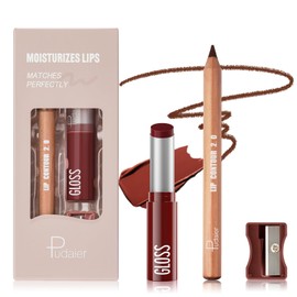 2Pcs Lip Liner and Lipstick Combo, Highly Pigmented Lip Liner and Lipstick Set for women, Long Lasting Matte Lip Liner and Hydrating Lip Balm Lip Gloss Makeup Kits with Sharpener