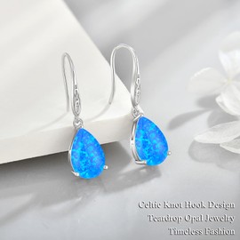 VESHON Blue Opal Teardrop Earrings for Women, 925 Sterling Silver Celtic Knot Dangle - Tranquil Sky Birthstone Gift (29.5x8mm)