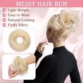 Benehair Hair Pieces for Women Messy Bun Real Hair Ponytail Extension Accessories Donut Straight Scrunchies #60 Platinum Blonde 17g