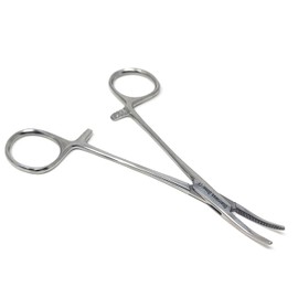 Pair of Two Pet Ear/Nose Hair Pull Hemostat Locking Forceps Curved + Straight Serrated Jaw - 5" (Chrome)