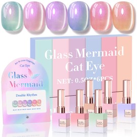 Double Rhythm Cat Eye Gel Nail Polish Set of 6 Same Color Same Bottle 0.5 Oz Shimmer Glitter with Magnet Holographic Reflective Magnetic UV Nail Polish Kit at Home (Mermaid Pink Rose-T6-31)