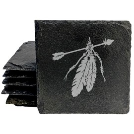 Spirit-Inspired Slate Coasters: Laser-Etched Feathers & Native American Arrow Design - Unique Home Decor and Gift Set - Square Slate - set of 5