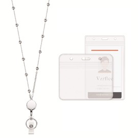 Retractable Badge Reel Lanyard with 2 Pieces ID Holder for Women, Fashion Beaded Chain Premium Stainless Steel Lanyard Necklace Water Resistant Name Badge Holder