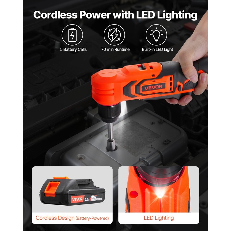 VEVOR Right Angle Drill, 3/8 Inch Chuck, 90 Degree Cordless