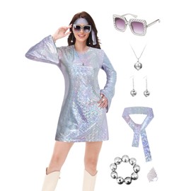 70s Disco Outfit Women - Vintage Sequin Go Go Dance Dress Costume - Shiny Disco Dress for 70's Theme Parties, Silver, X-Large