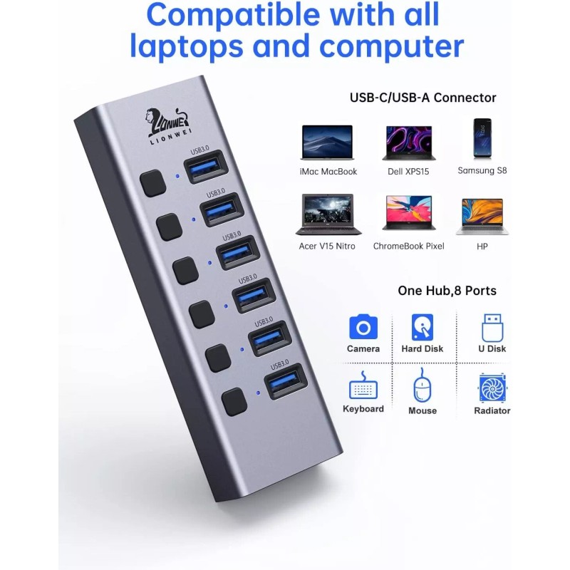 Lionwei Universal 8-Port Powered USB C Hub USB 3.0x6+SD/TF Card