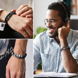 String Bracelets for Men Leather Rope Bracelet Black Wristbands Bangles for Men Leather Cuffs Woven Bracelet Surfer Bracelet Mens Leather Bracelet for Boyfriend Braided Bracelets, B-silver