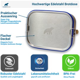 HOMEBEAR® Edelstahl Brotdose | Lunchbox für Kinder | 800 ml | Set mit Box für Dips 65 ml | Verschiebbare Trennwand | Auslaufsicher und Plastikfrei | Brotbox Jausenbox