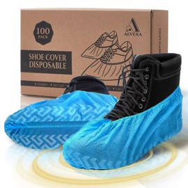 Alvexa Shoe Covers Disposable Non-Slip – Large 100 Count, Durable, Breathable, Recyclable Non-Woven Boot Covers – Fits Men 11 / Women 13 – Blue