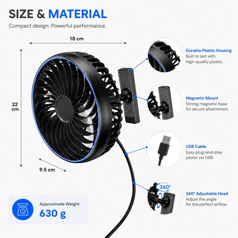 Portable USB Car Fan for Vehicle Cooling – 360° Adjustable