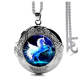 DianaL Boutique Silver Tone Unicorn Horse Locket Pendant Necklace Glass Cabochon Art Picture