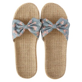 TUDUZ Stylische Flache Hausschuhe für Damen mit Leinensohle Druckmuster mit Schleifendekoration Schweiß- und geruchsabweisende atmungsaktive Freizeit-Strandschuhe (Green, 39)