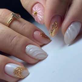 Short Press on Nails Almond OFDNE 3D Fake Nails False Nails with Gold Foil Transparent Floral Designs Full Cover Glossy Glue on Nails Stick on Nails for Women Girls 24Pcs