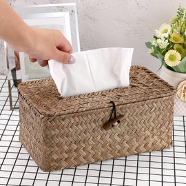 SUMNACON Rectangular Seagrass Cosmetic Tissue Box for Household Decorative Woven Paper Holder Rattan Tissue Box Home Decoration for Bathroom Living Room Office Restaurant Crafts Coffee Color