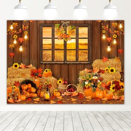 Mocsicka Fall Backdrop Fall Thanksgiving Landscape Window Rustic Wooden Backdrop Pumpkin Harvest Themed Thanksgiving Party Decorations Photo Booth Props (7x5ft)