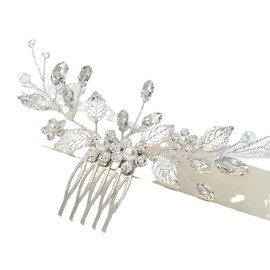 Braut Hochzeit Haarkamm Kristall Haarschmuck, Blumen-Hochzeits-Haarkamm, Silberfarbene Perlen, für Frauen und Mädchen, Silber