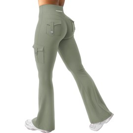 YEOREO CoreFlex Women Workout Flare Leggings with Pockets Hidden Scrunch High Waisted Cargo Gym Yoga Leggings Light Army Green M