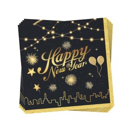 100 Pcs Happy New Year Napkins Black and Gold Napkins New Year Cocktail Napkins for New Year Eve Party Favors New Year 2025 Party Table Decoration