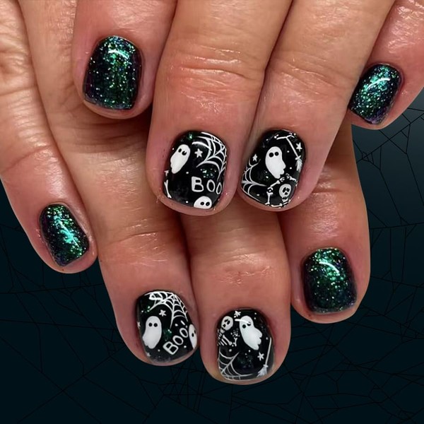 Halloween Press on Nails Square Short Fake Nails Blackish Green