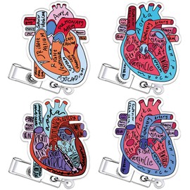 4 Pcs Cute Anatomical Heart Badge Reel Retractable Nurse Accessories Bulk Funny Cardiac Cardiology Medical Nursing Badge Holder Fun Healthcare Badge Clip CNA LPN RN Social Worker Doctor ID Card Gifts