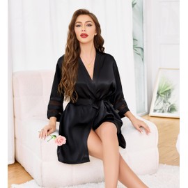 Vlazom Women's Satin Dressing Gown Soft Kimono Robe Silk Lightweight Bathrobe Bridesmaid/Bridal Wedding Party Robes 3/4 Sleeve Sleepwear Black,XL