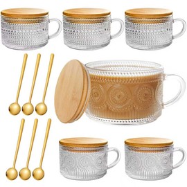 ZHENGYAOYANG 6 PACK Vintage Glass Coffee Mugs 14oz Clear Embossed Tea Cup Set with Bamboo Lids and Gold Spoons,Yogurt Bowl,kitchen gifts for women